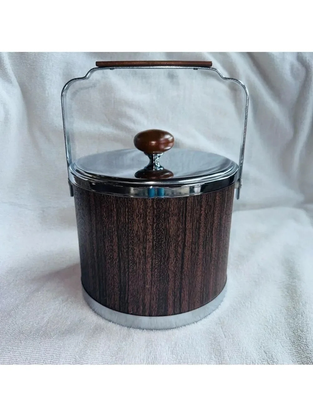Vintage Atapco MCM Faux Wood Grain Vinyl Chrome Ice Bucket Mid Century USA
